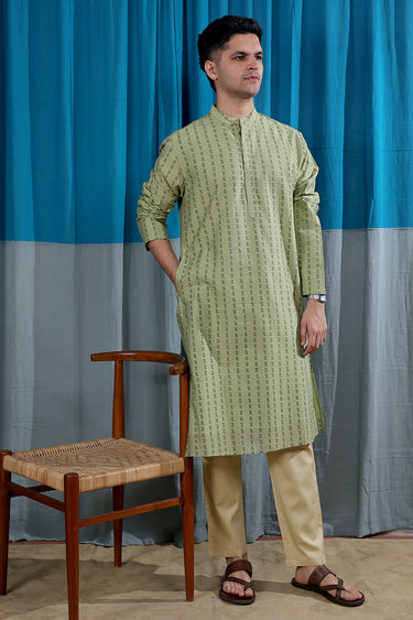 Pista Green Sanganeri Rib Chanderi Silk Men Long Kurta Full Sleeves MLKFS253C56