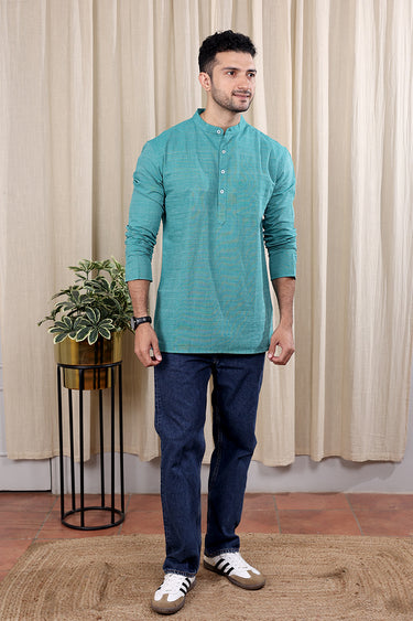 Sea Green Stripes South Cotton Men Short Kurta Full Sleeves MSKFS252C38