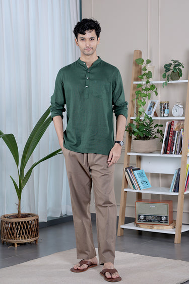 Bottle Green Dyed Lyocell Linen Men Short Kurta