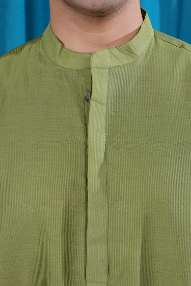 Pista Green Stripes Zari Chanderi Silk Men Long Kurta