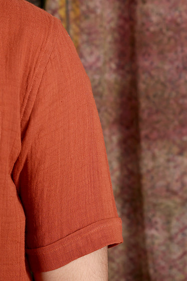 Rust Hand Dyed Cotton Double Cloth Men Shirt Half Sleeves MSHHS251C23