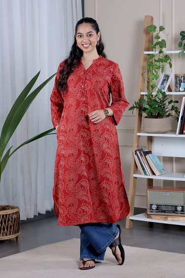 Rust Ajrakh Cotton Women Long Kurta