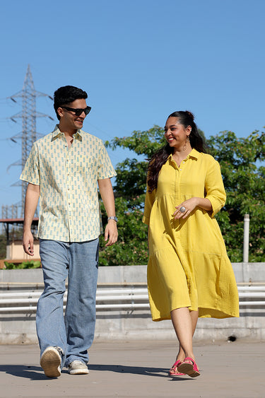 Pastel Yellow Sanganeri Natural Cotton Linen Men Shirt