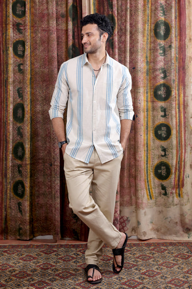 Blue Stripes Cotton Linen Men Shirt Full Sleeves MSHFS252C10