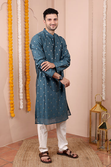 Teal Blue Jaquard Banarasi Silk Men Long Kurta Full Sleeves MLKFS252C57