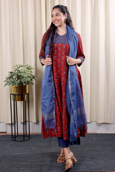 Rust Hand Embroidery Dhabu Cotton Women Ankle Kurta Long Sleeves WAKLS252C43