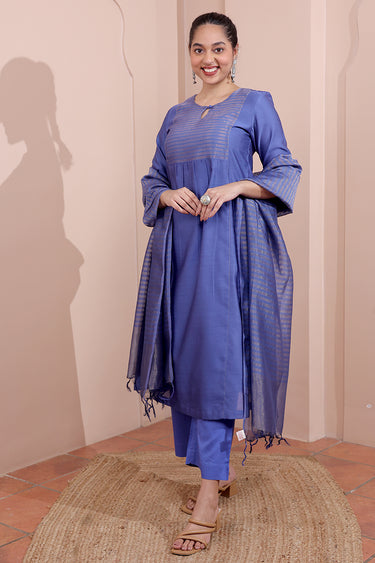 Midnight Blue Hand Dyed Chanderi Silk Women Long Kurta Long Sleeves WLKLS252C187