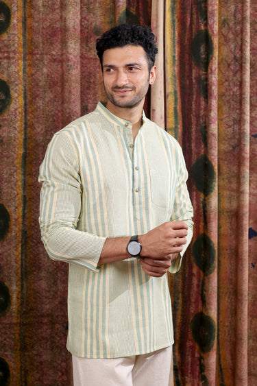 Sea Blue Stripes Cotton Linen Men Short Kurta Full Sleeves MSKFS253C3