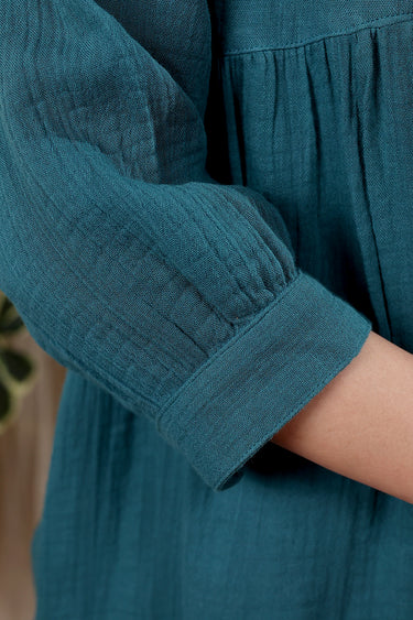 Dark Teal Hand Dyed Cotton Double Cloth Women Midi Dress Long Sleeves WDRLS252C16