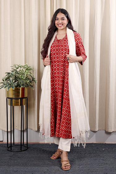 Rust Dhabu Cotton Slub Women Ankle Kurta Long Sleeves WAKLS252C24