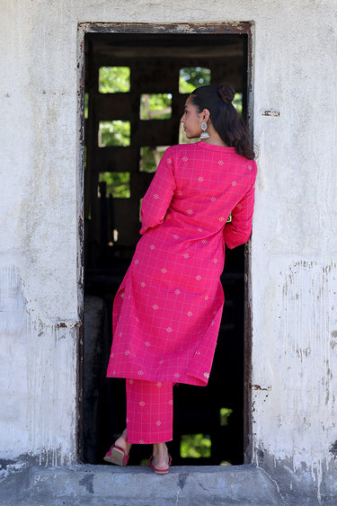 Bright Pink Checks Dobby South Cotton Women Flared Pant