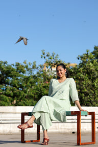 Pista Green Sanganeri Cotton Dobby Women Long Kurta