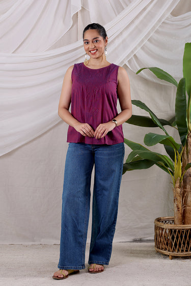 Wine Dobby South Cotton Women Short Top