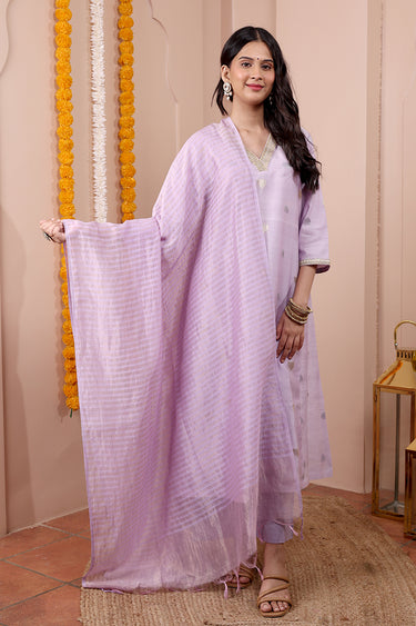 Lilac Zari Stripes Chanderi Silk Dupatta DUPAT252C95