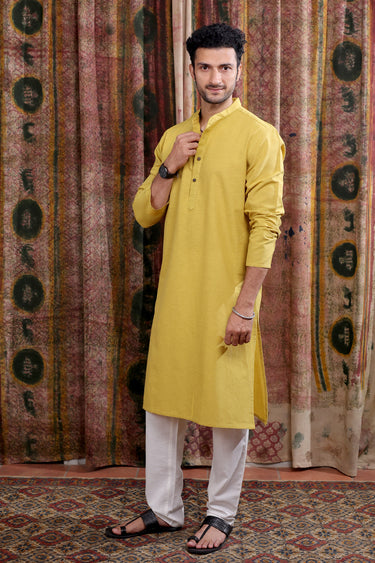 Mustard Yarn Dyed Cotton Flax Men Long Kurta Full Sleeves MLKFS253C30