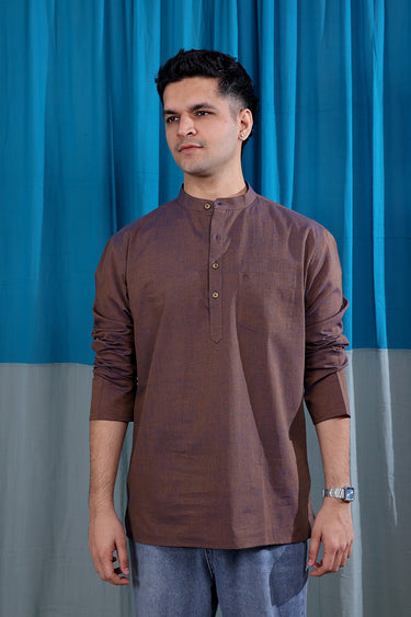 Brown Yarn Dyed South Cotton Men Short Kurta Full Sleeves MSKFS253C21