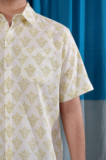 Yellow Sanganeri Natural Cotton Linen Men Shirt Half Sleeves MSHHS012615