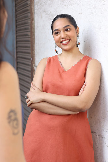 Brick Red Hand Dyed Cotton Linen Women Midi Dress Sleeveless WDRSL253C9