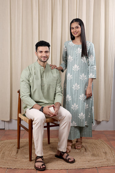 Sage Green Sanganeri Fine Cotton Men Short Kurta Full Sleeves MSKFS252C31