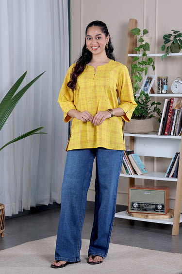 Yellow Checks Dobby South Cotton Women Kurti