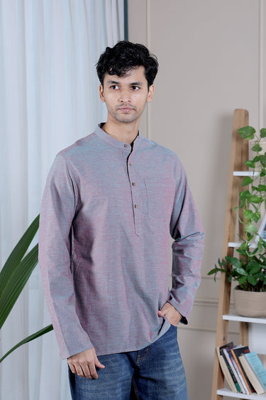 Red Blue Yarn Dyed Fine Cotton Men Short Kurta