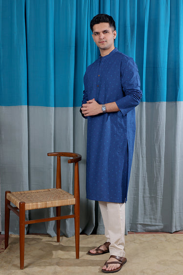 Indigo Sanganeri Natural Cotton Linen Men Long Kurta