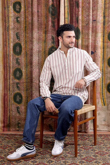 Ivory Stripes Cotton Linen Men Short Kurta Full Sleeves MSKFS252C61