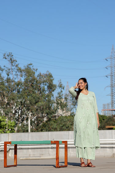 Pista Green Dyed Cotton Dobby Women Flared Pant