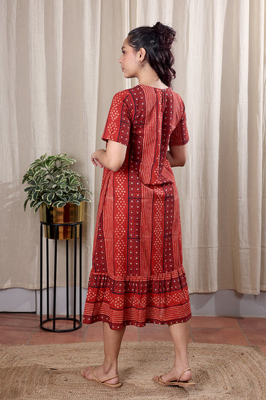 Rust Dhabu Cotton Women Midi Dress Short Sleeves WDRSS251C11