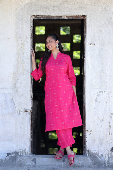 Bright Pink Checks Dobby South Cotton Women Long Kurta