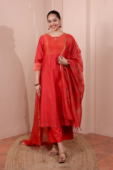 Red Hand Dyed Chanderi Silk Women Long Kurta