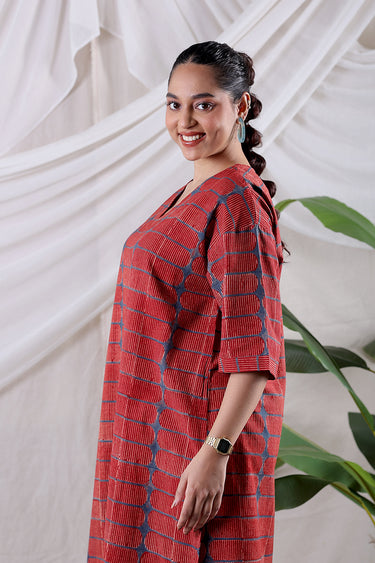 Rust Ajrakh Cotton Slub Women Midi Dress