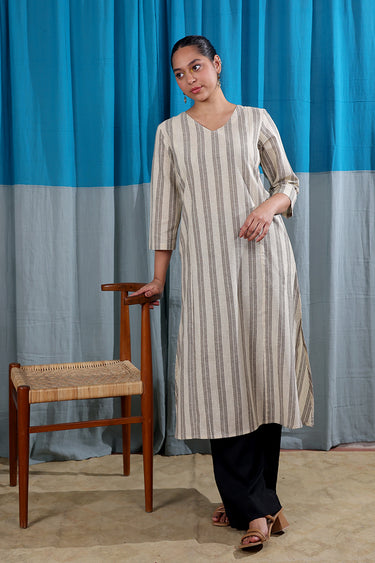 Grey Stripes Natural Cotton Linen Women Long Kurta