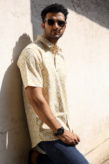 Mustard Sanganeri Cotton Linen Men Shirt Half Sleeves MSHHS252C52