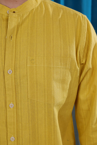 Mustard Yellow Dobby Stripes Natural Cotton Linen Men Shirt Full Sleeves MSHFS12253