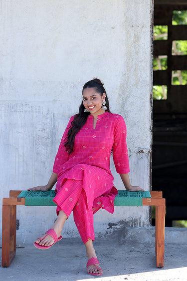 Bright Pink Checks Dobby South Cotton Women Long Kurta