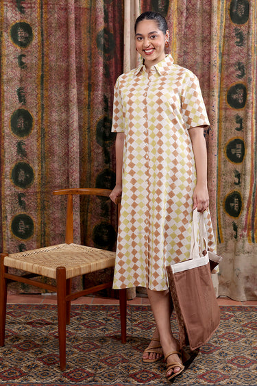 Brown Olive Sanganeri Cotton  Linen Women Midi Dress Short Sleeves WDRSS253C3