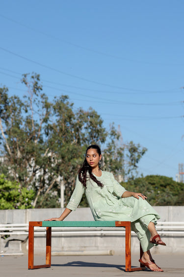 Pista Green Sanganeri Cotton Dobby Women Long Kurta Long Sleeves WLKLS253C62