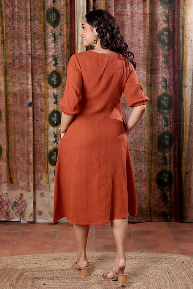Rust Hand Dyed Cotton Double Cloth Women Midi Dress Long Sleeves WDRLS251C10