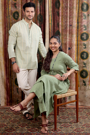 Fern Green Hand Dyed Cotton Double Cloth Women Long Kurta Long Sleeves WLKLS252C137