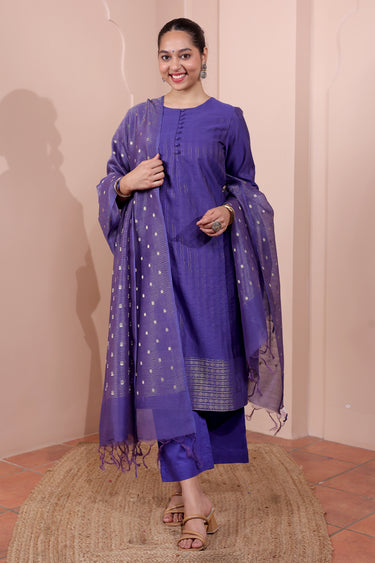 Royal Indigo Zari Stripes Chanderi Silk Women Long Kurta