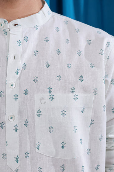 Frost Grey Sanganeri Natural cotton Linen Men Short Kurta
