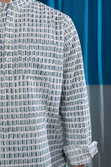 Green Blue Sanganeri Natural Cotton Linen Men Short Kurta Full Sleeves MSKFS12252