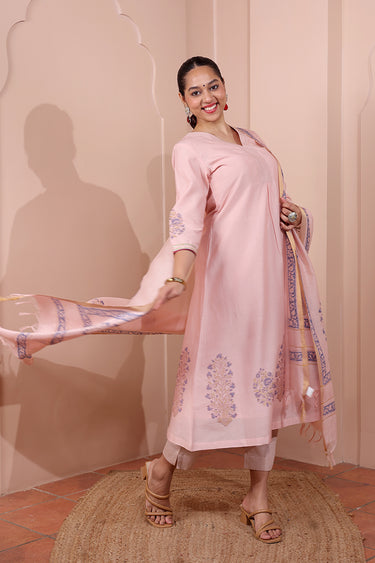 Pastel Pink Rib Stripes Chanderi Silk Women Long Kurta Long Sleeves WLKLS252C184