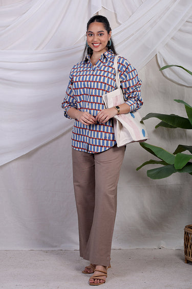 Blue Red Bagru Lite Cotton Flax Women Shirt