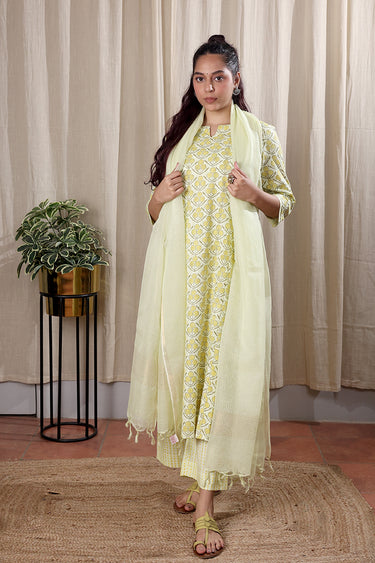 Lime Green Sanganeri Dobby Stripe Women Flared Pant WFLPT252C18