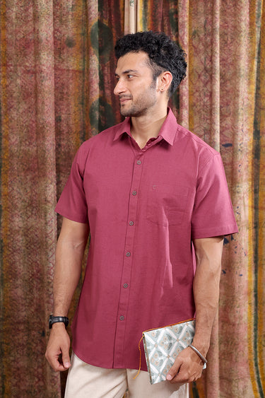 Wine Hand Dyed Cotton Linen Men Shirt Half Sleeves MSHHS253C9