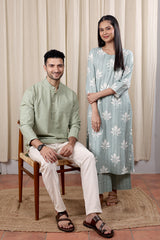 Cadet Blue Sanganeri Dobby Stripe Women Kurta with Long Sleeves