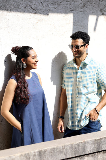 Navy Blue Hand Dyed Cotton Viscose Blend Women Midi Dress Sleeveless WDRSL253C7