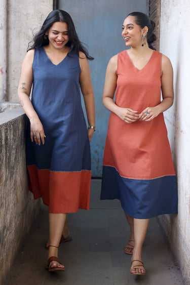 Navy Blue Hand Dyed Cotton Linen Women Midi Dress Sleeveless WDRSL253C8